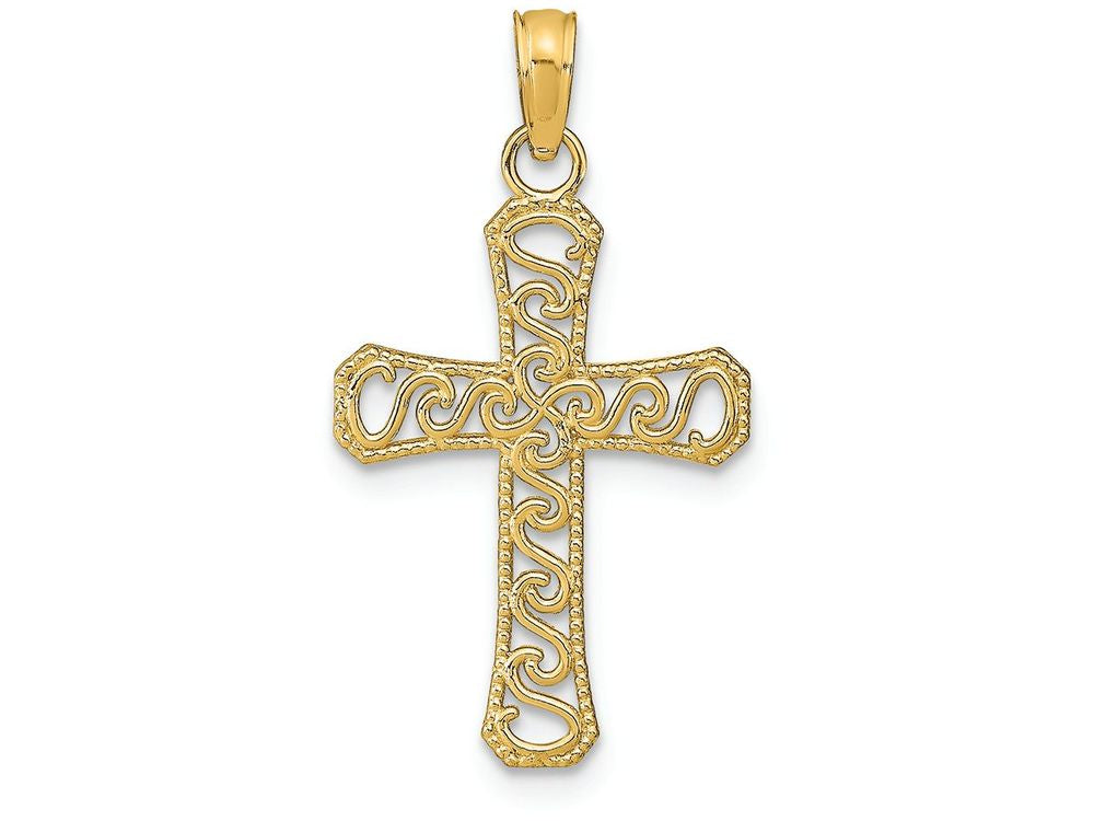 FJC Finejewelers 14k Yellow Gold Filigree Swirl Cross with Beaded Edge Charm