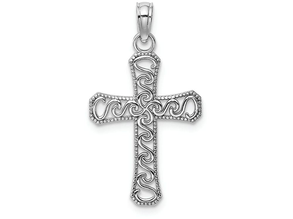 FJC Finejewelers 14k White Gold Filigree Swirl Cross with Beaded Edge Charm