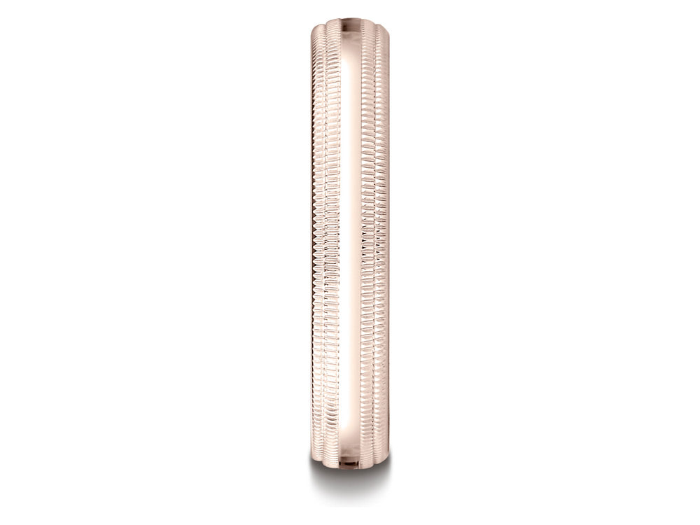 Benchmark® 14k Rose Gold 4mm Slightly Domed Standard Comfort-fit Wedding Band / Ring With Double Milgrain