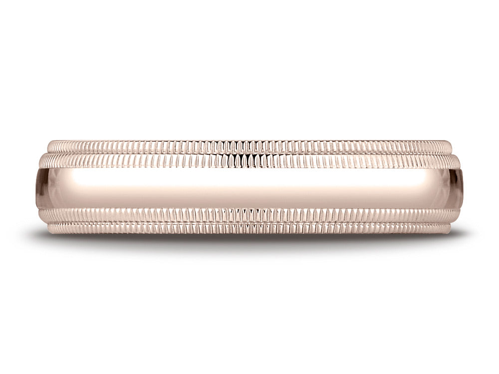 Benchmark® 14k Rose Gold 5mm Slightly Domed Standard Comfort-fit Wedding Band / Ring With Double Milgrain