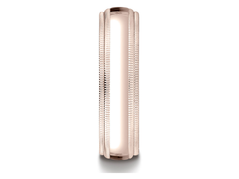 Benchmark® 14k Rose Gold 6mm Slightly Domed Standard Comfort-fit Wedding Band / Ring With Double Milgrain