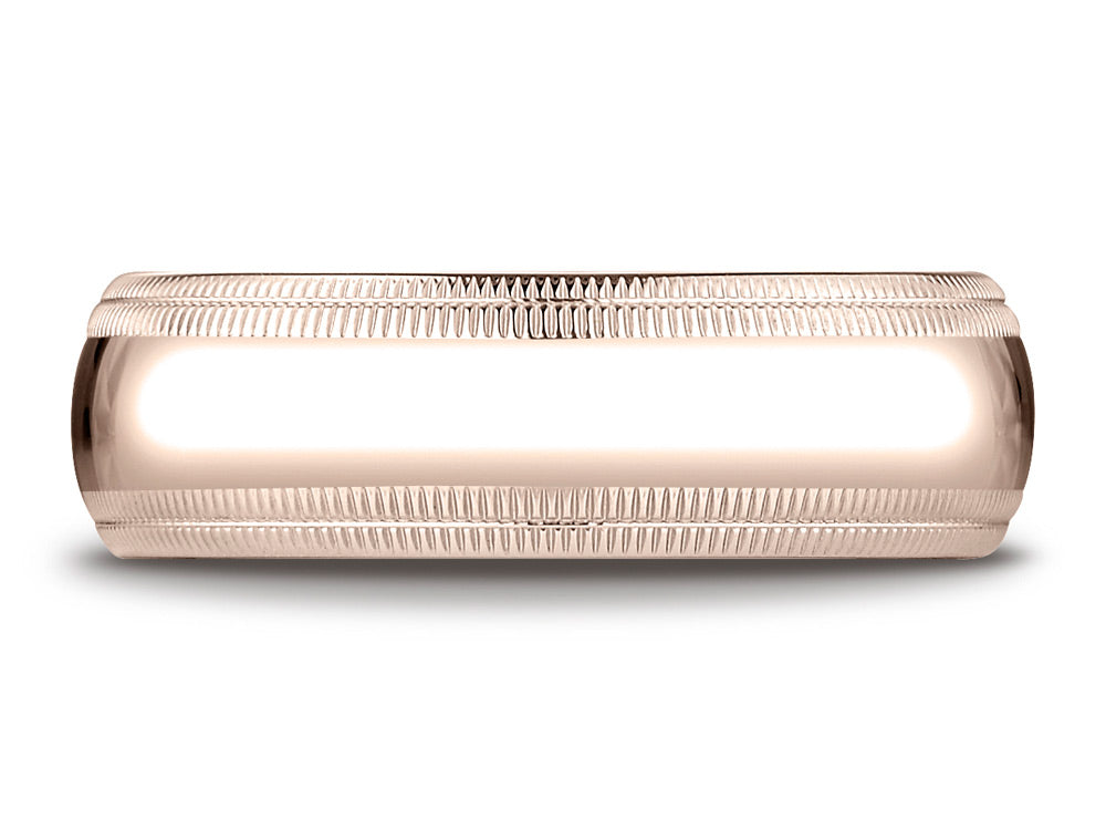 Benchmark® 14k Rose Gold 7mm Slightly Domed Standard Comfort-fit Wedding Band / Ring With Double Milgrain