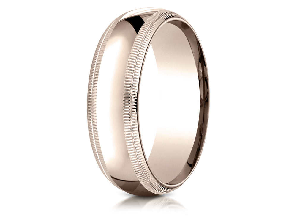 Benchmark® 14k Rose Gold 7mm Slightly Domed Standard Comfort-fit Wedding Band / Ring With Double Milgrain