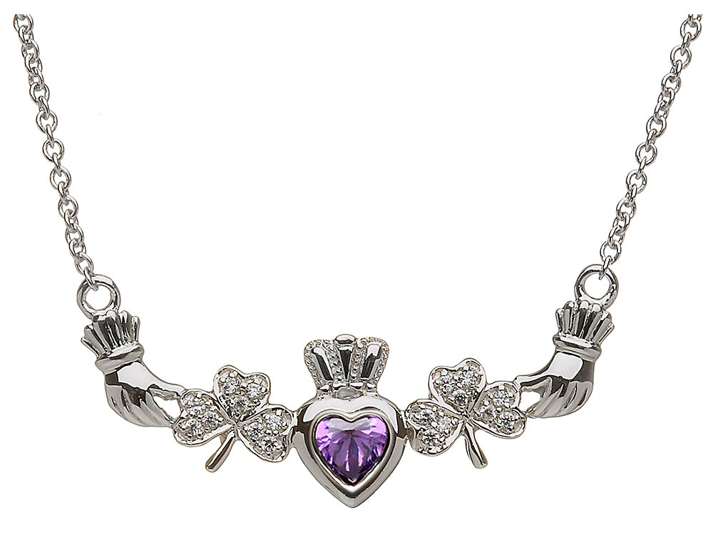 ShanOre® Claddagh Shamrock Design with 5mm Simulated Amethyst (CZ) Heart Pendant Necklace