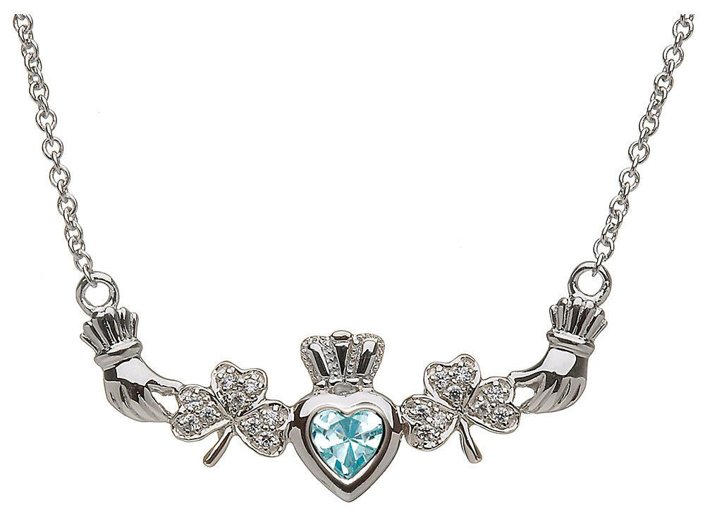 ShanOre® Claddagh Shamrock Design with 5mm Simulated Aquamarine (CZ) Heart Pendant Necklace