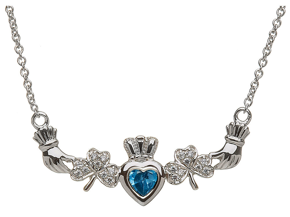 ShanOre® Claddagh Shamrock Design with 5mm Simulated Blue Topaz (CZ) Heart Pendant Necklace