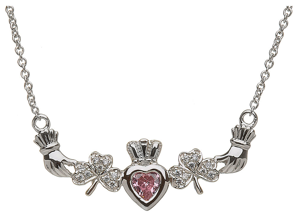 ShanOre® Claddagh Shamrock Design with 5mm Simulated Pink Tourmaline (CZ) Heart Pendant Necklace