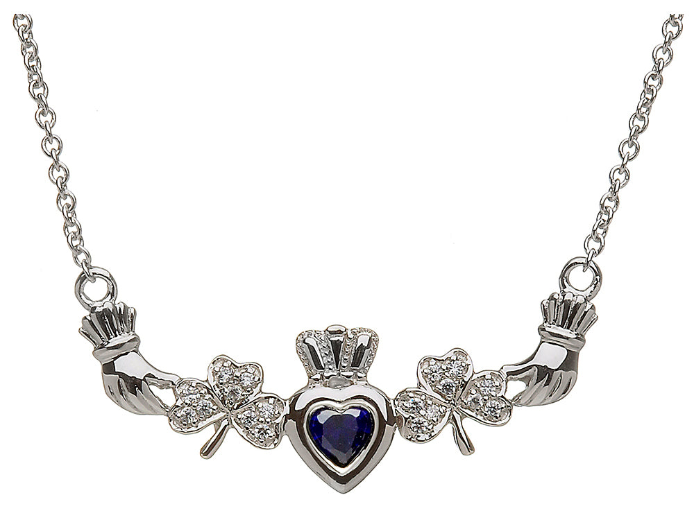 ShanOre® Claddagh Shamrock Design with 5mm Simulated Sapphire (CZ) Heart Pendant Necklace