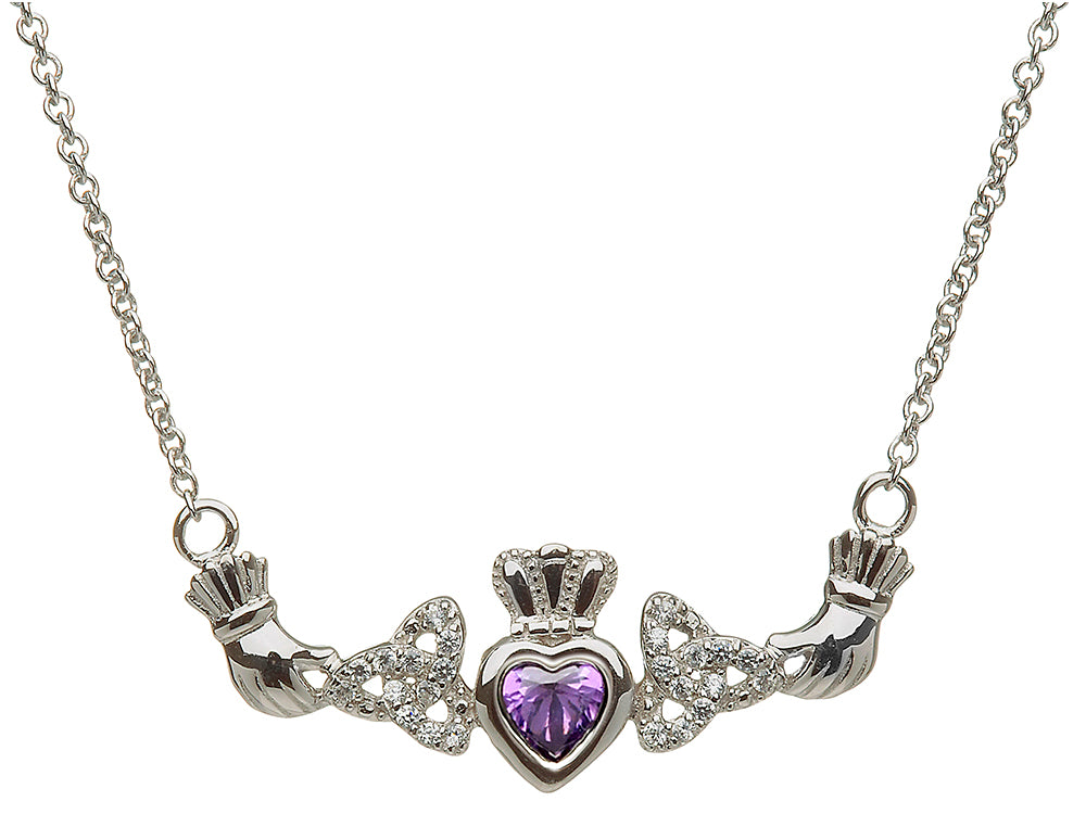 ShanOre® Claddagh Trinity Design with 5mm Simulated Amethyst (CZ) Heart Pendant Necklace