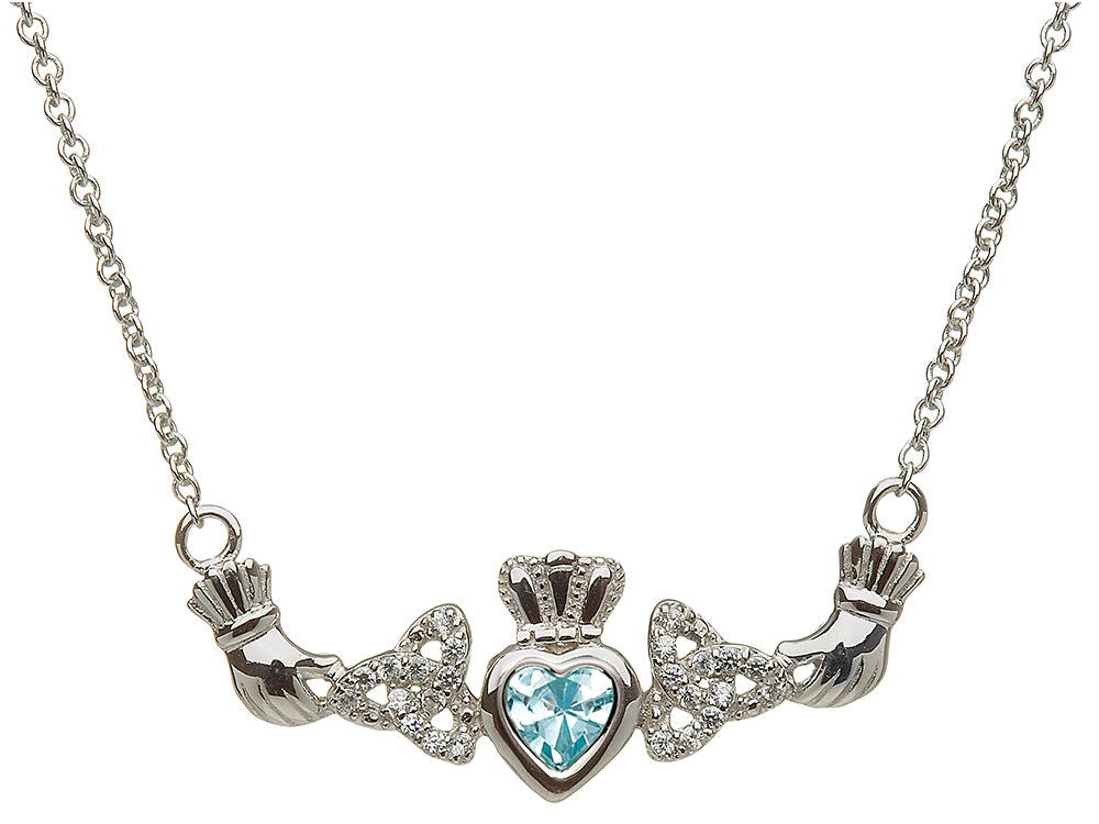 ShanOre® Claddagh Trinity Design with 5mm Simulated Aquamarine (CZ) Heart Pendant Necklace