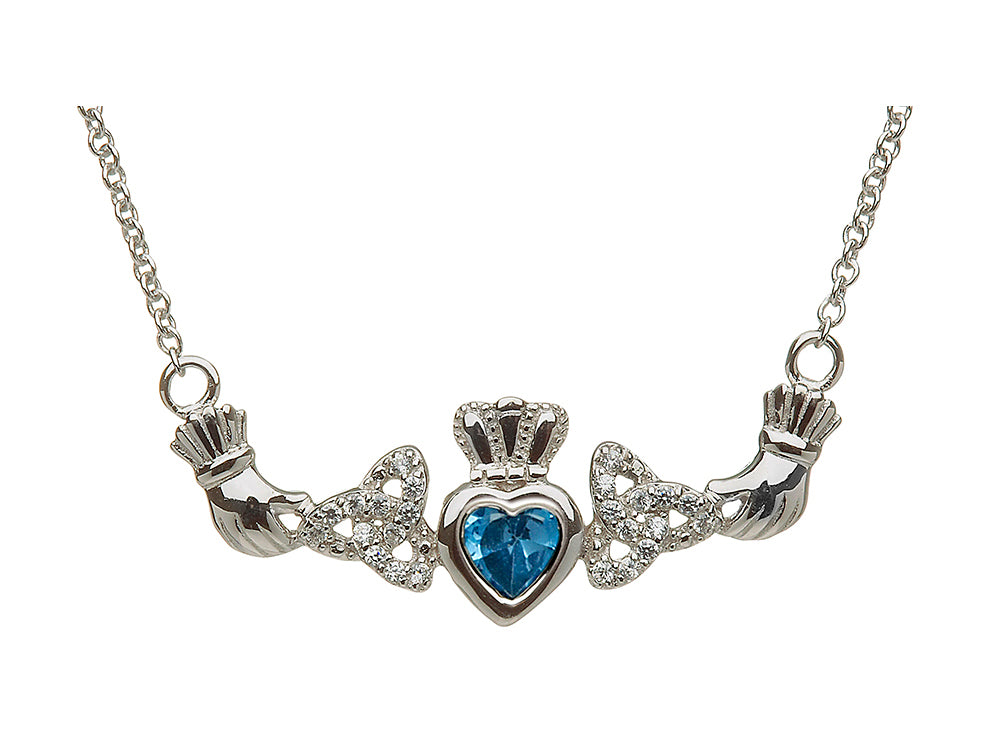 ShanOre® Claddagh Trinity Design with 5mm Simulated Blue Topaz (CZ) Heart Pendant Necklace