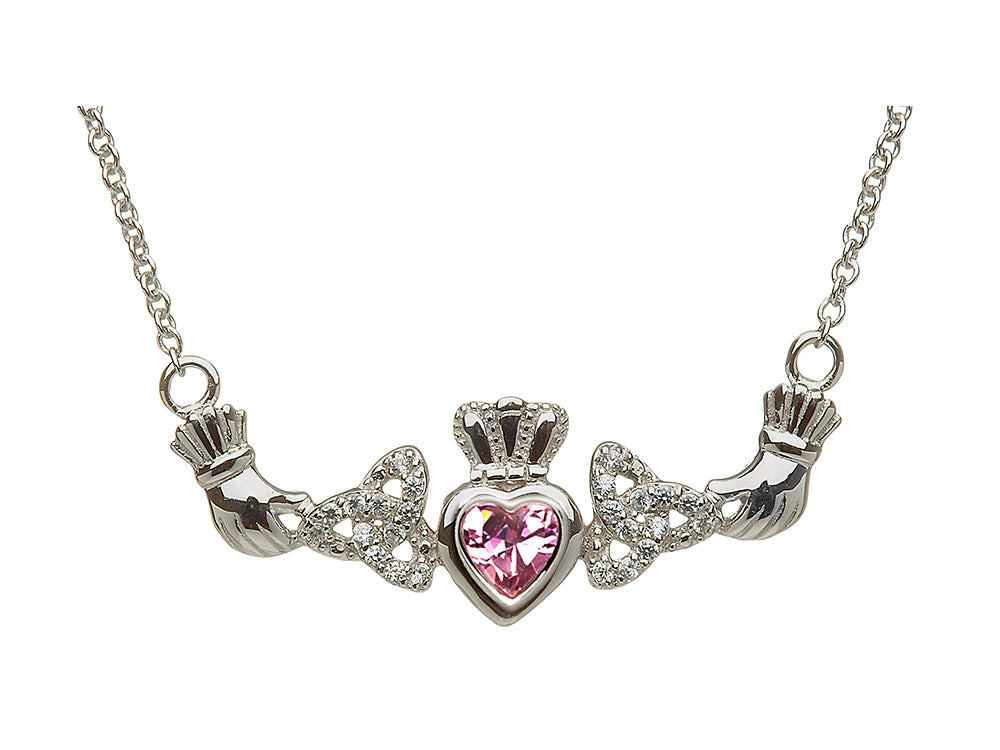 ShanOre® Claddagh Trinity Design with 5mm Simulated Pink Tourmaline (CZ) Heart Pendant Necklace