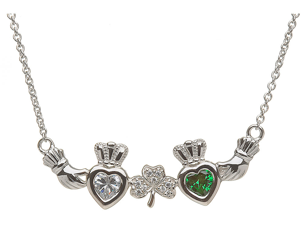 ShanOre® Claddagh Shamrock Mothers Pendant Necklace Personalize 2 5mm Heart Shape Simulated Birthstones