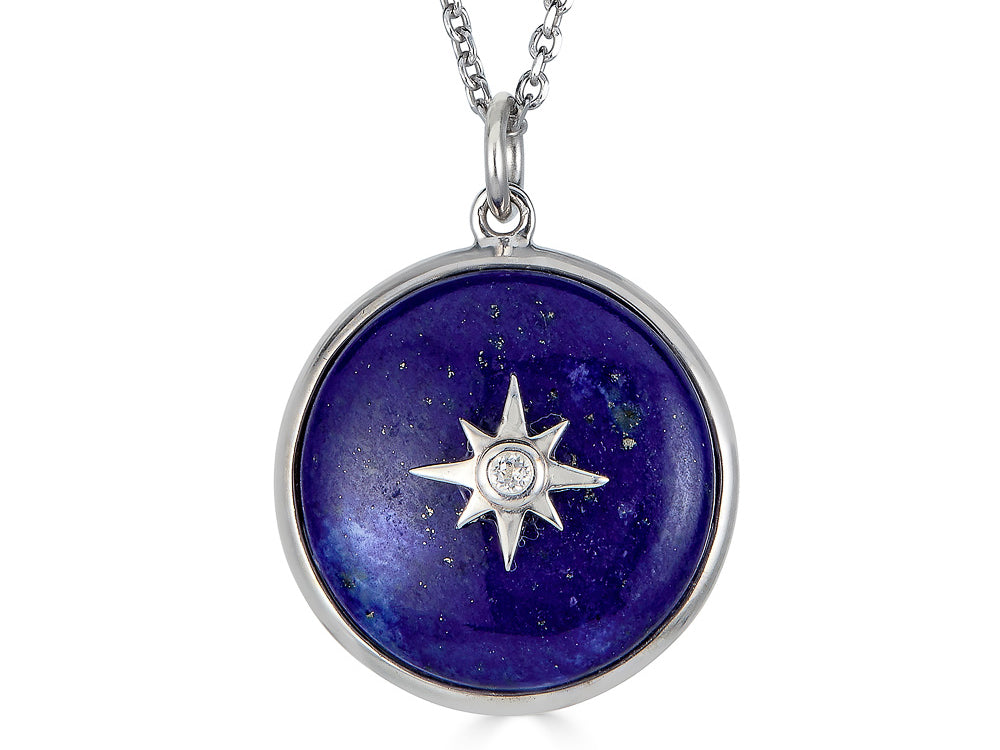 FJC Finejewelers Sterling Silver Round Cabochon Lapis and White Topaz Star Necklace Pendant