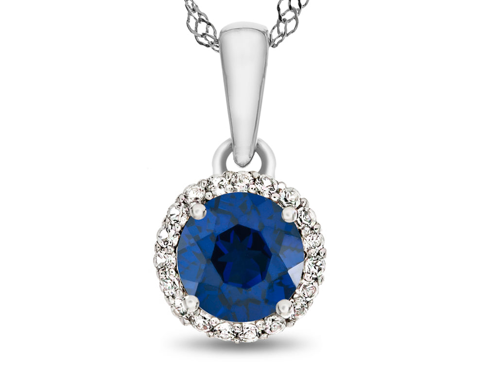 FJC Finejewelers 10k White Gold 6mm Round Created Blue Sapphire with White Topaz accent stones Halo Pendant Necklace