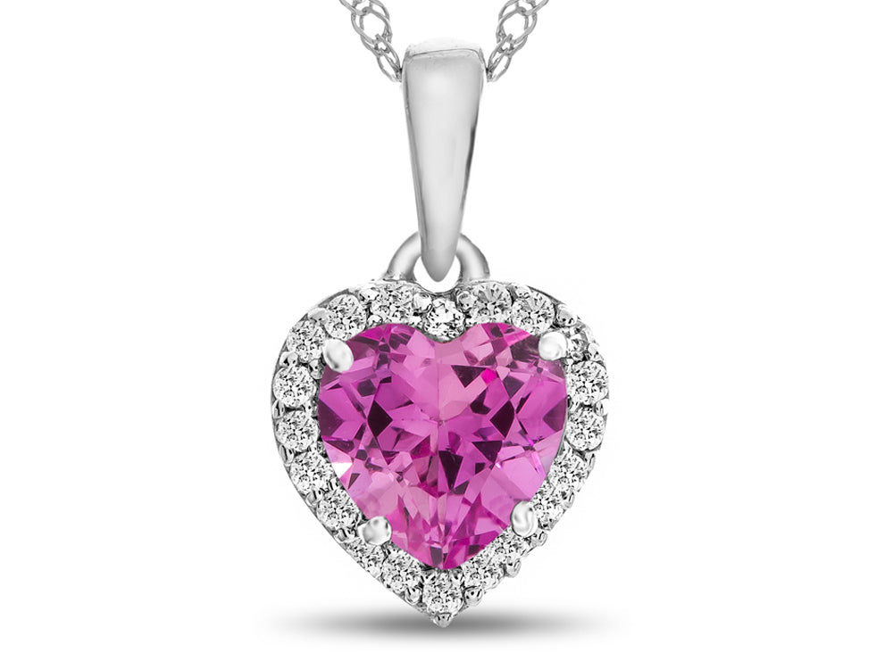 FJC Finejewelers 10k White Gold 6mm Heart Created Pink Sapphire with White Topaz Halo Pendant Necklace