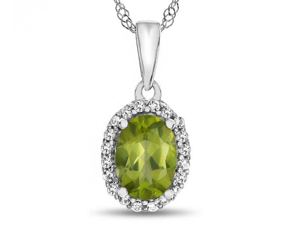 FJC Finejewelers 10k White Gold 7x5mm Oval Peridot with White Topaz accent stones Halo Pendant Necklace