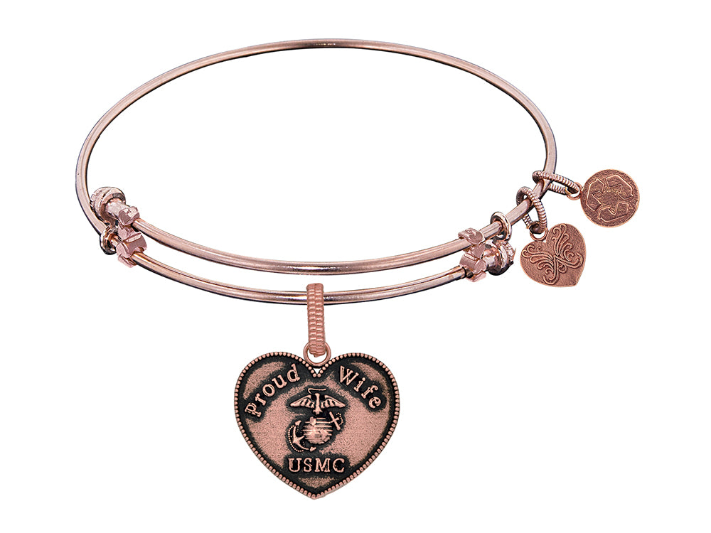 Angelica Collection Brass with Pink Finish Proud Wife U.S. Marine Corps Heart Shaped Expandable Bangle