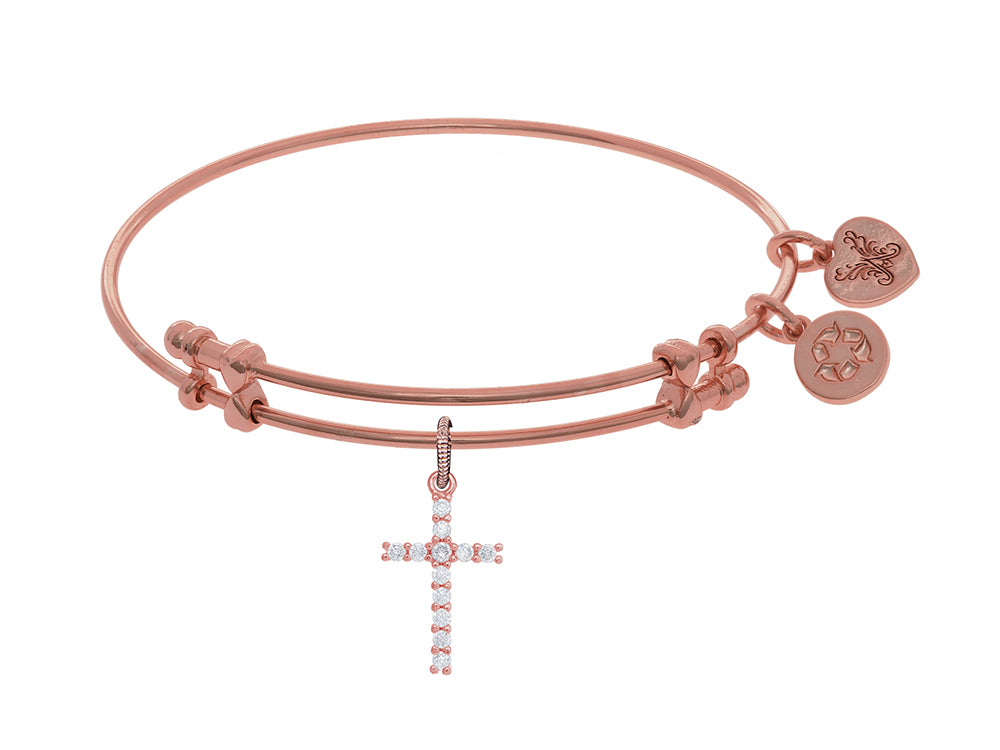 Angelica Collection Brass With Pink Cross Charm With White CZ On Pink Bangle