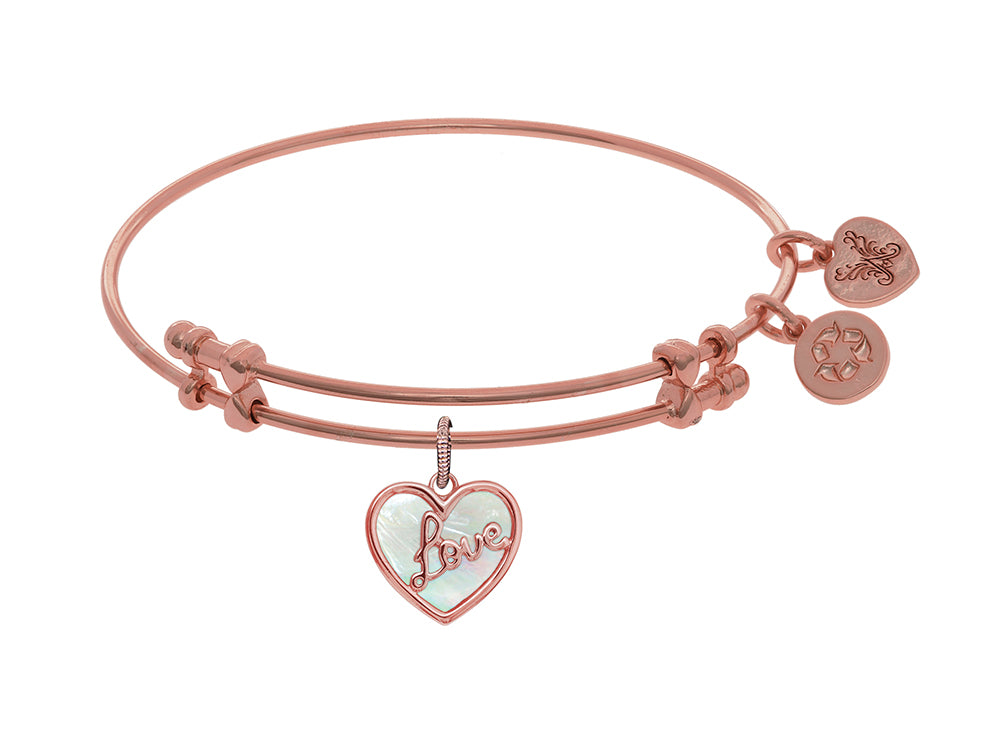 Angelica Collection Brass With Pink love Heart Charm With Created Mother Of Pearl On Pink Bangle