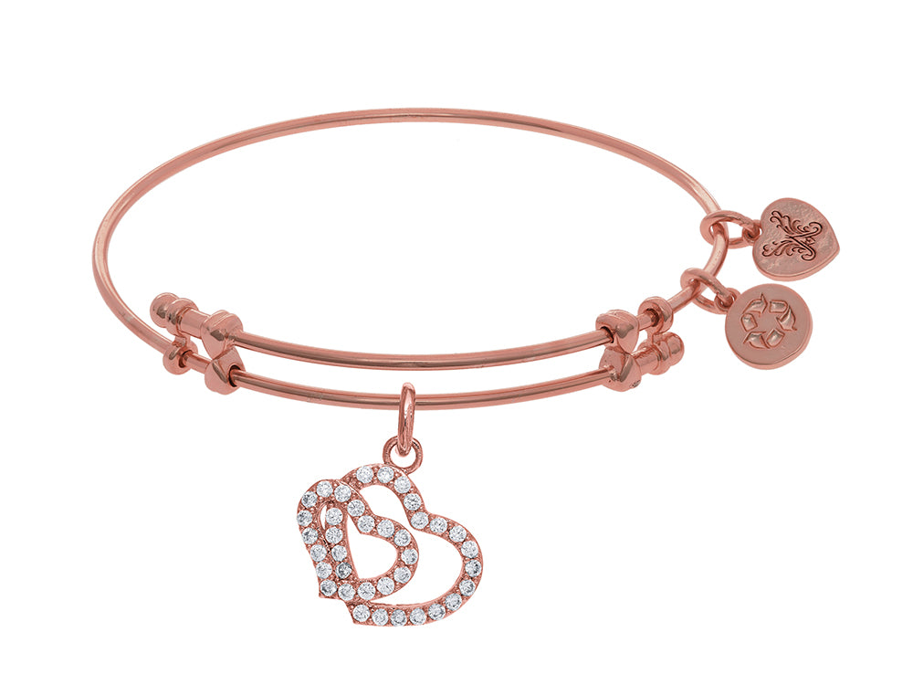 Angelica Collection Brass With Pink Double Heart Charm With White CZ On Pink Bangle