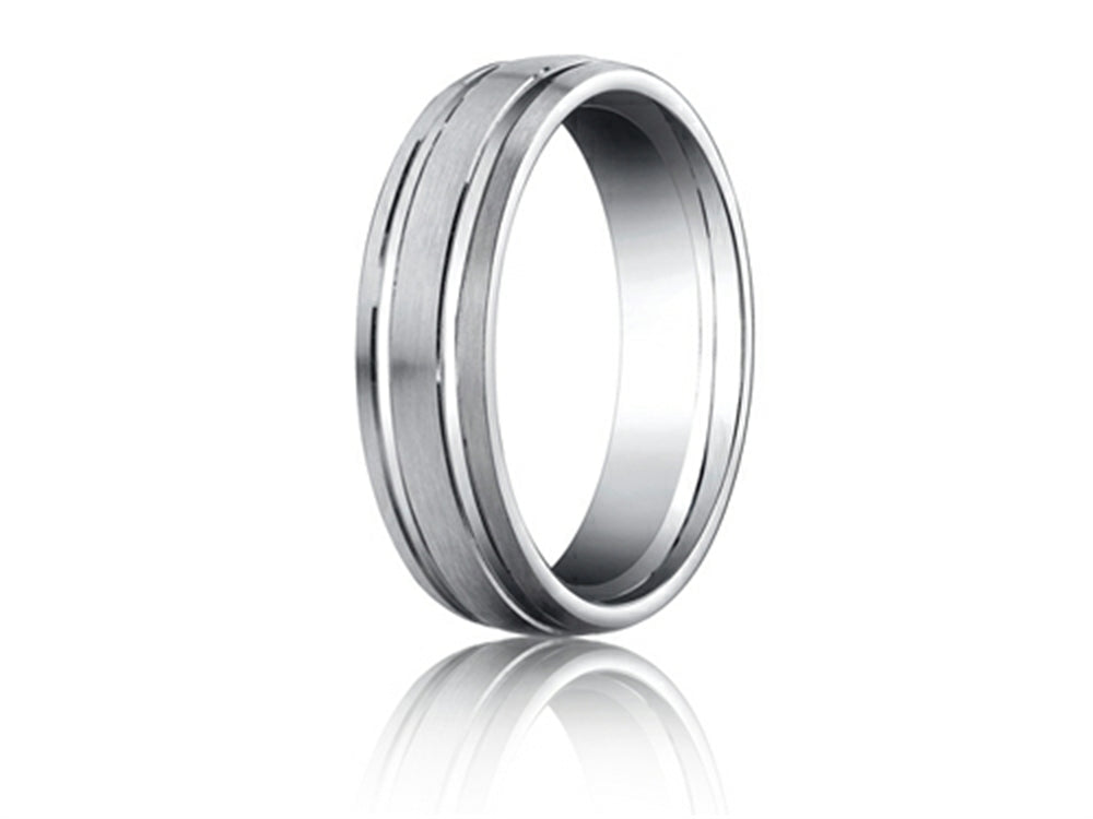 Benchmark® Platinum 6mm Comfort-fit Satin-finished With Parallel Grooves Carved Design Wedding Band Ring