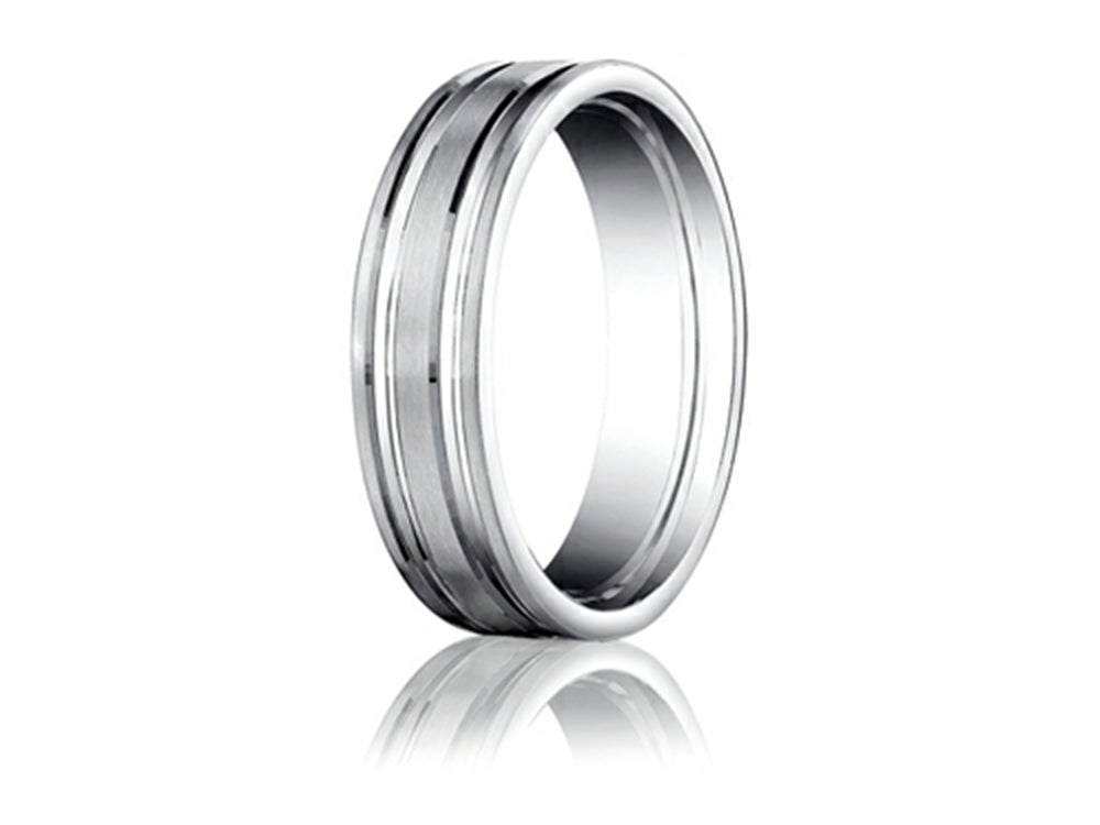 Benchmark® Platinum 6mm Comfort-fit Satin-finished With Parallel Grooves Carved Design Wedding Band Ring