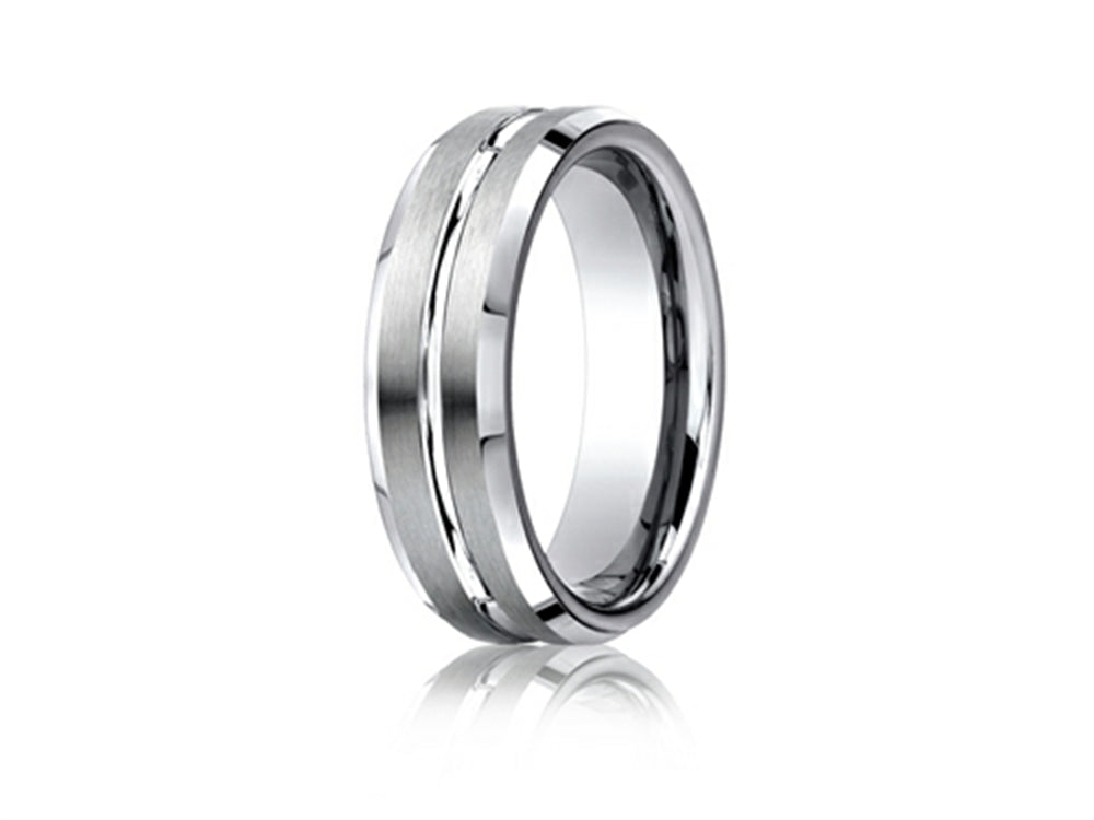Benchmark® Platinum 6mm Comfort-fit Satin-finished With High Polished Cut Carved Design Wedding Band Ring