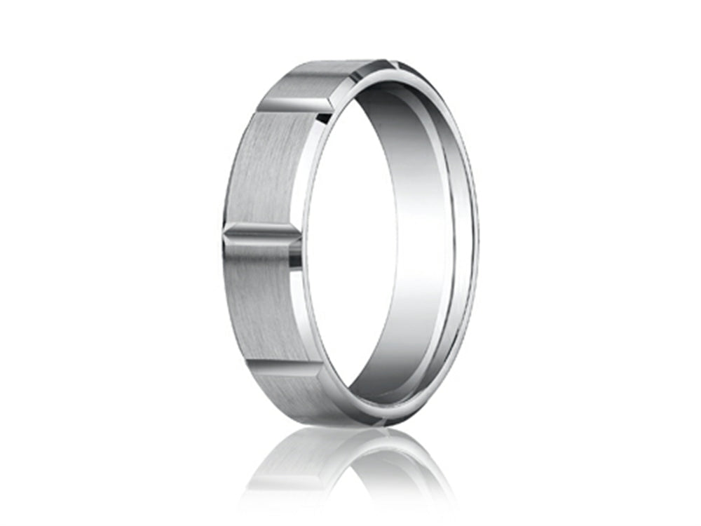 Benchmark® Platinum 6mm Comfort-fit Satin-finished Grooves Carved Design Wedding Band Ring
