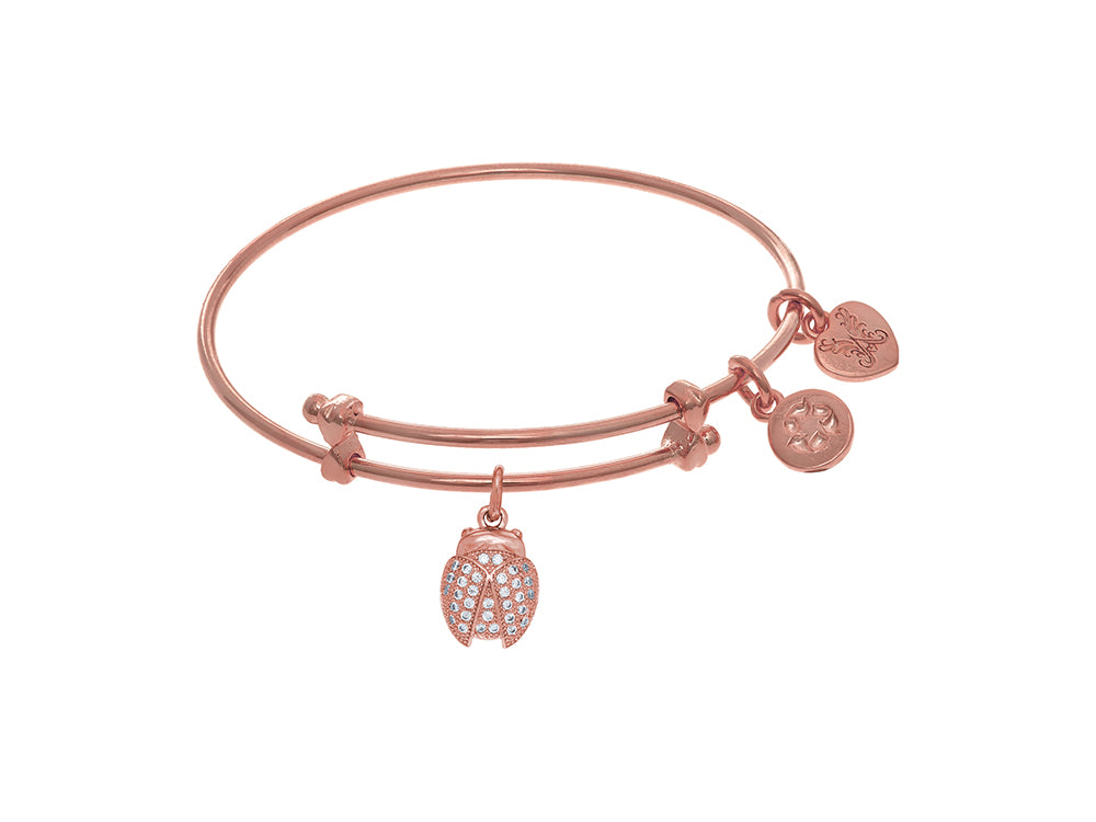 Yellow Finish Expandable Tween Brass With Lady Bug With CZ On Pink Angelica Collection Tween Bangle (Small)