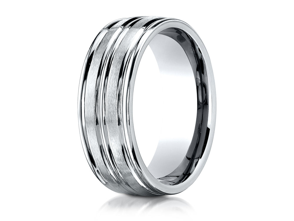 Benchmark® Platinum 8mm Comfort-fit Satin-finished Polished-Center Round Edge Wedding Band Ring