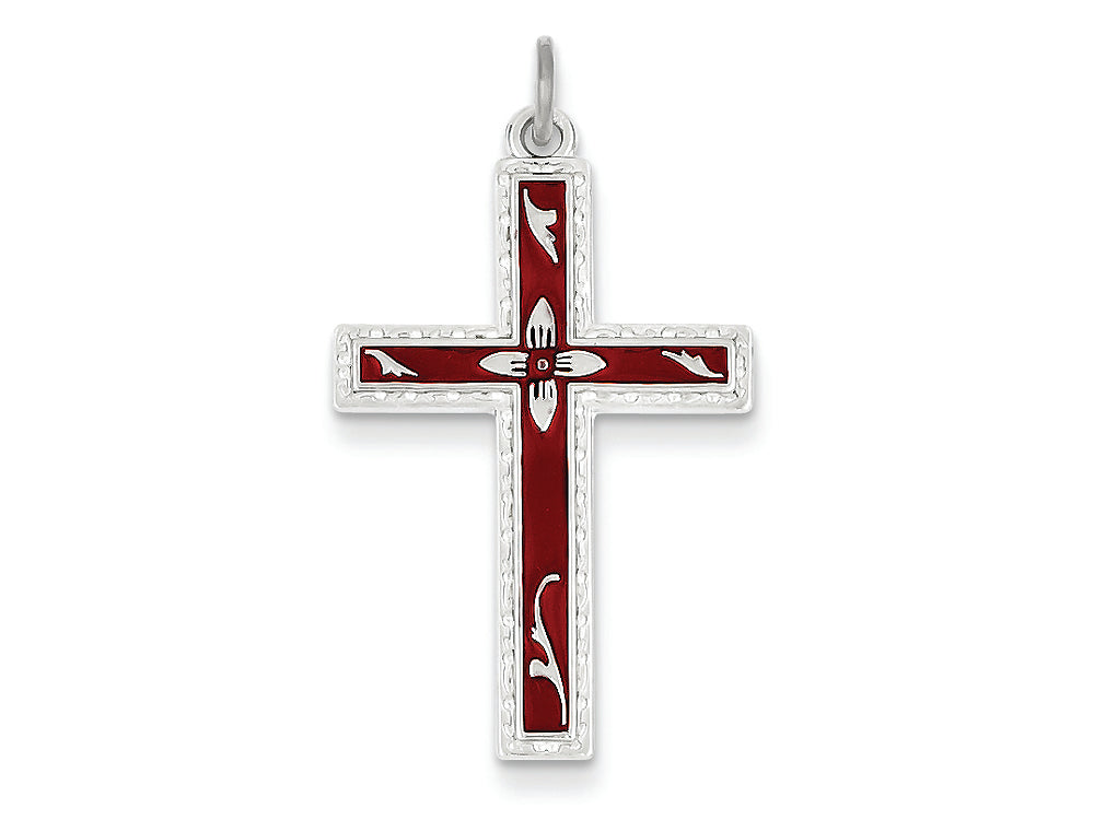 FJC Finejewelers Sterling Silver Red Enameled Cross Pendant Necklace - Chain Included