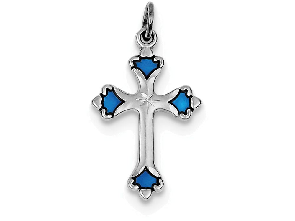 FJC Finejewelers Sterling Silver Blue Enameled Budded Cross Charm