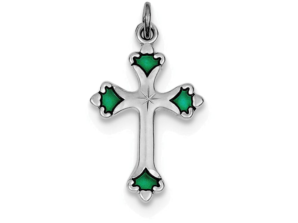 FJC Finejewelers Sterling Silver Green Enameled Budded Cross Charm