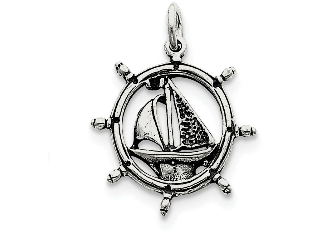 FJC Finejewelers Sterling Silver Antiqued Sailboat In Wheel Charm