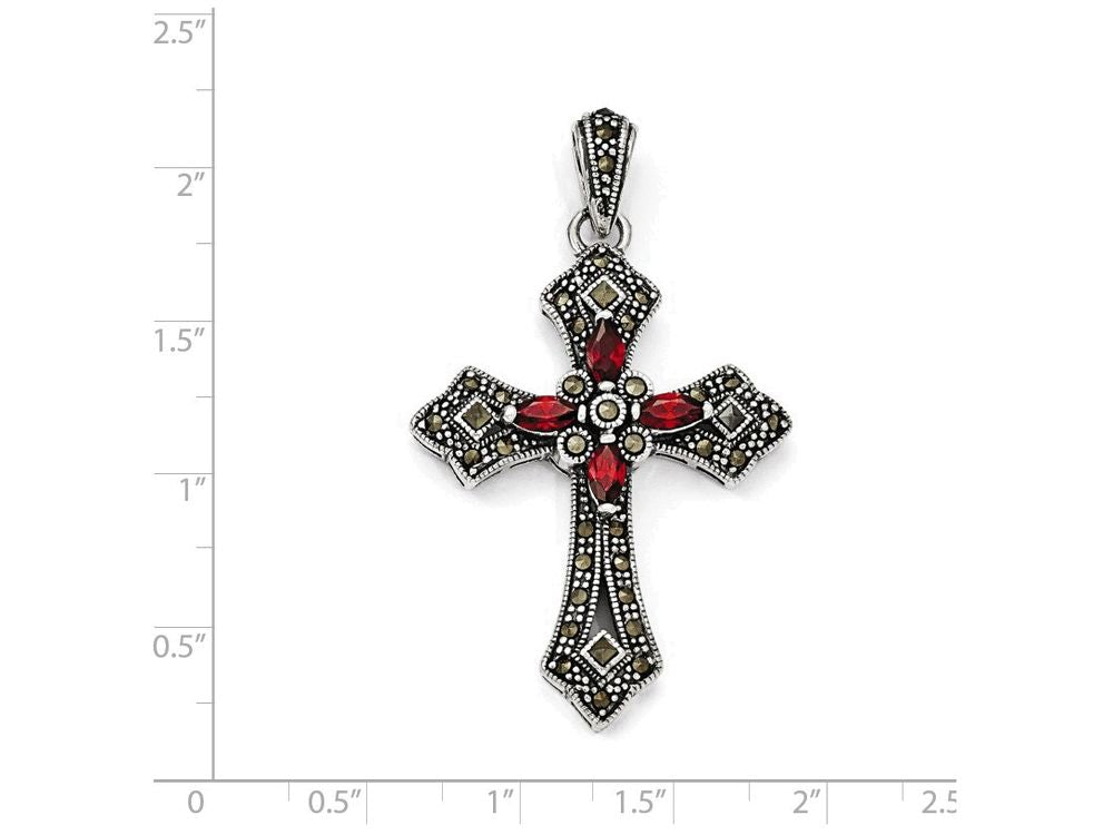 FJC Finejewelers Sterling Silver Red Cubic Zirconia and Marcasite Cross Pendant Necklace - Chain Included