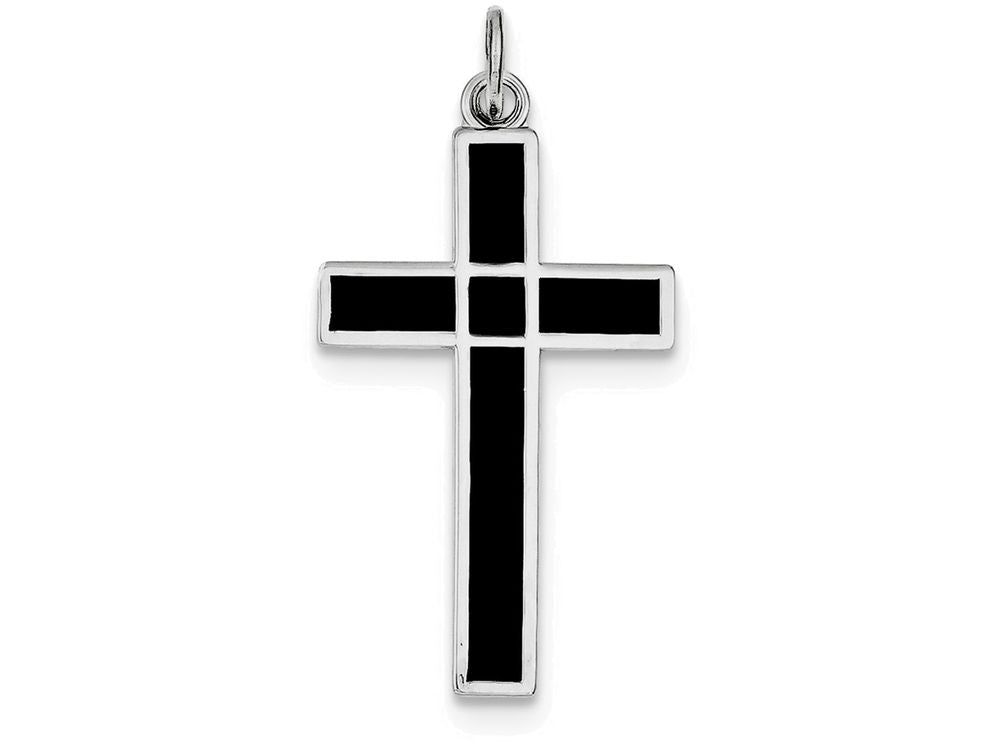 FJC Finejewelers Sterling Silver Brushed and Polished Enamel Black Cross Pendant Necklace - Chain Included