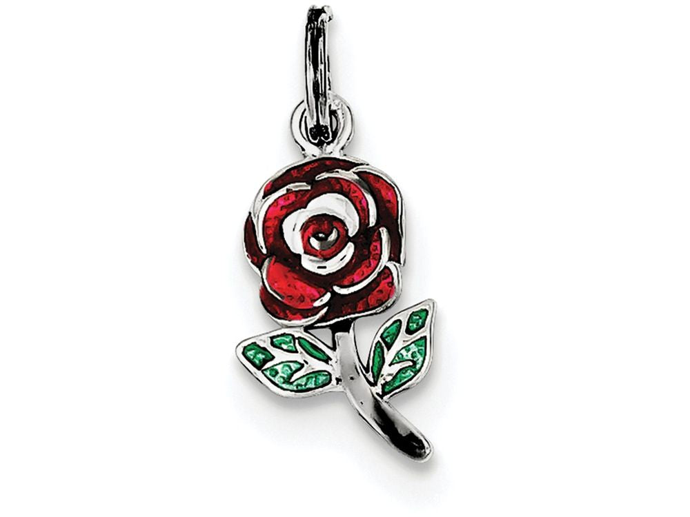 FJC Finejewelers Sterling Silver Green and Red Enamel Rose Charm