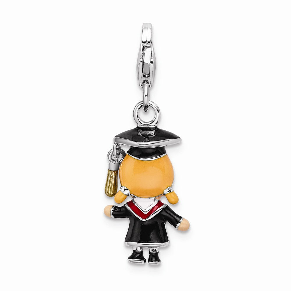 Sterling Silver Rhodium-plated Enamel Grad Girl With  Lobster Clasp Charm