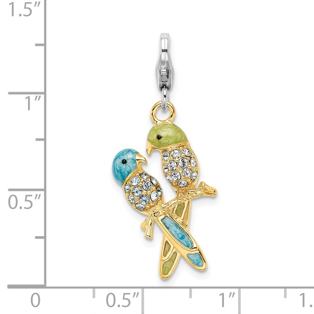 Sterling Silver Rhodium-plated Enamel Crystals Love Birds Charm
