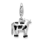 Sterling Silver Rhodium-plated Polished And Enameled 3d Cow Charm