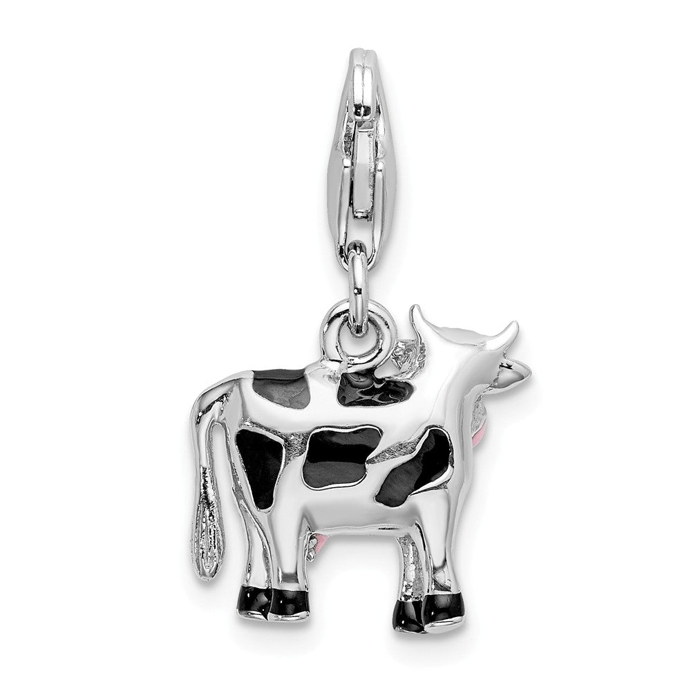 Sterling Silver Rhodium-plated Polished And Enameled 3d Cow Charm