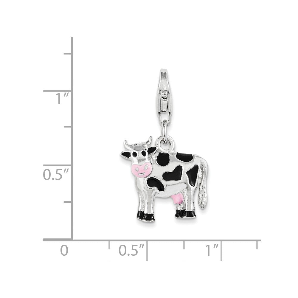 Sterling Silver Rhodium-plated Polished And Enameled 3d Cow Charm