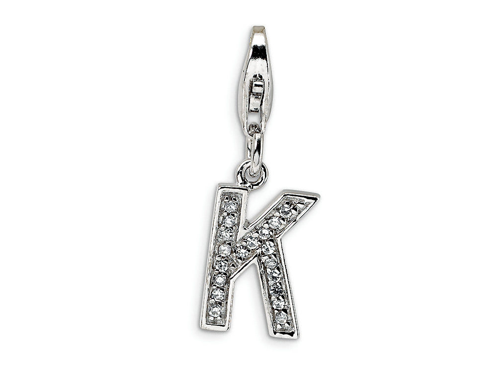 Amore LaVita Sterling Silver CZ Initial Letter K w/Lobster Clasp Bracelet Charm