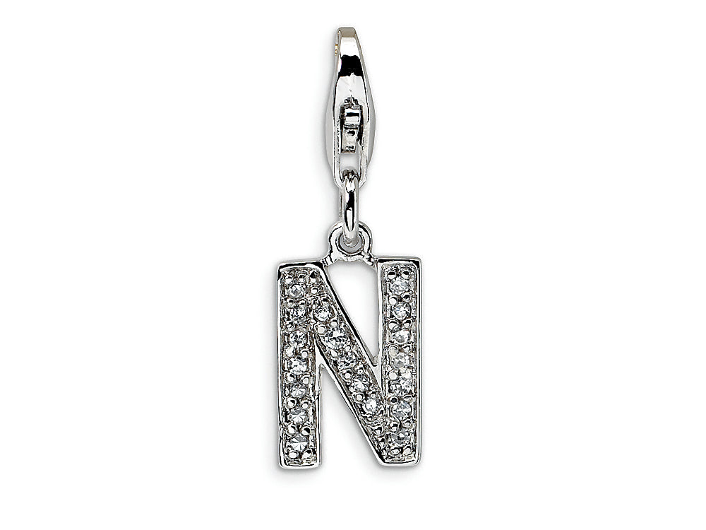 Amore LaVita Sterling Silver CZ Initial Letter N w/Lobster Clasp Bracelet Charm
