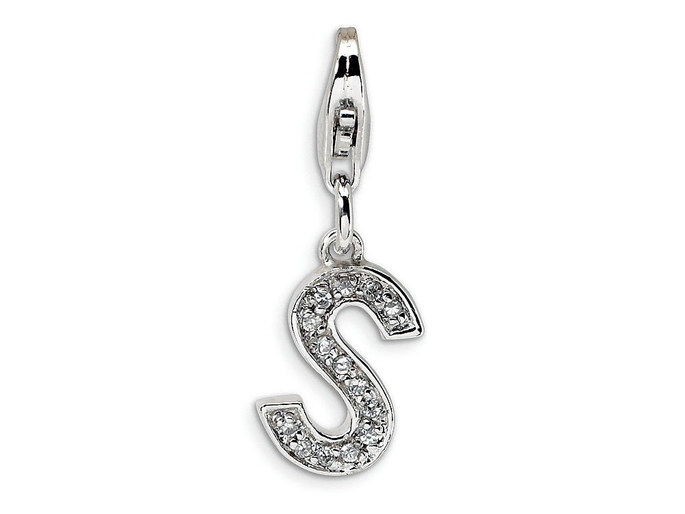 Amore LaVita Sterling Silver CZ Initial Letter S w/Lobster Clasp Bracelet Charm