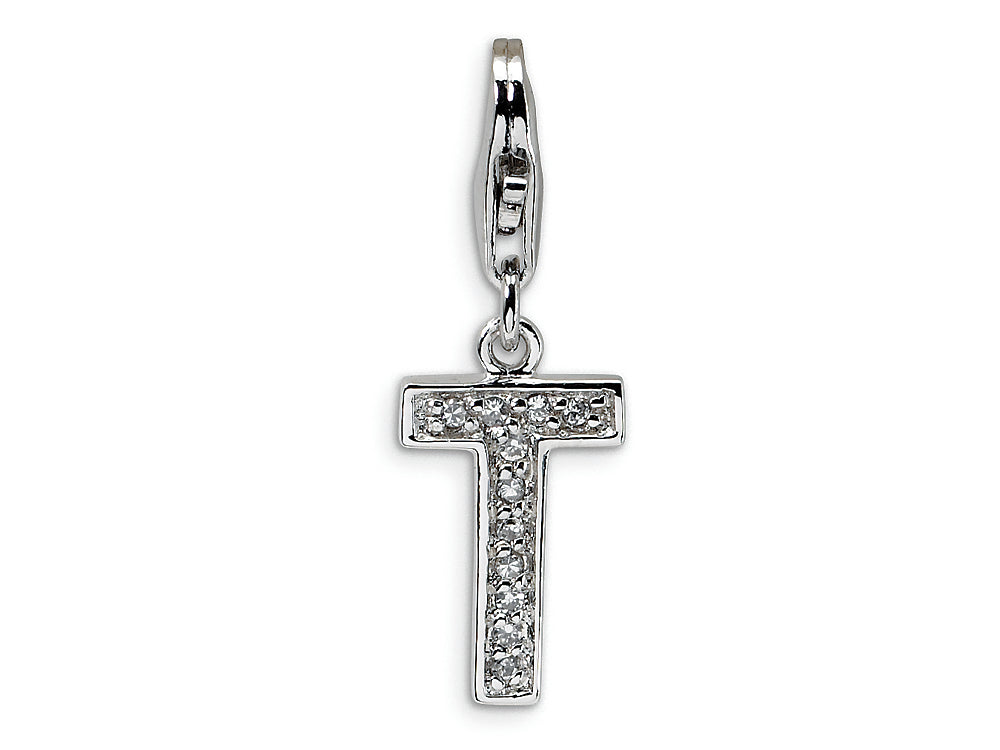 Amore LaVita Sterling Silver CZ Initial Letter T w/Lobster Clasp Bracelet Charm