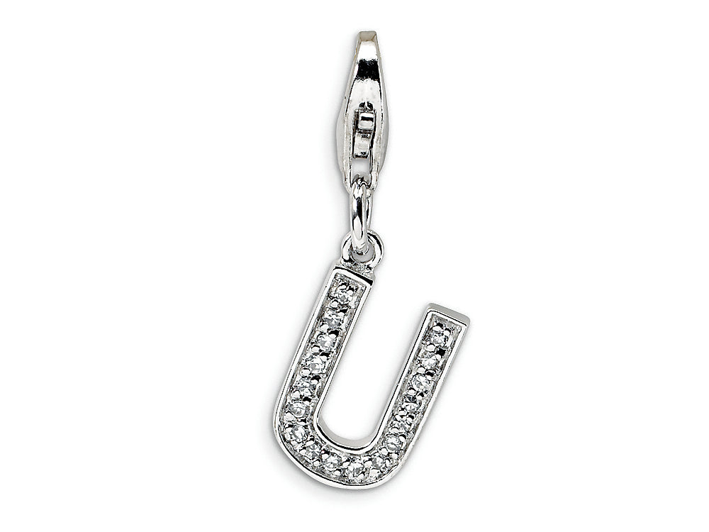 Amore LaVita Sterling Silver CZ Initial Letter U w/Lobster Clasp Bracelet Charm