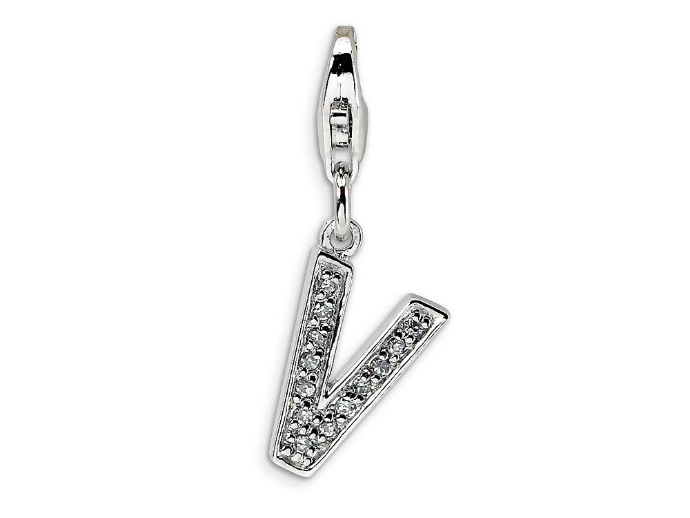 Amore LaVita Sterling Silver CZ Initial Letter V w/Lobster Clasp Bracelet Charm