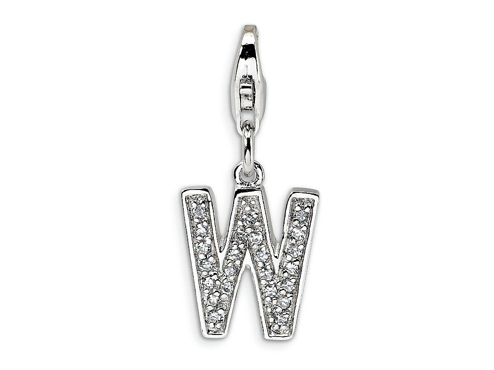 Amore LaVita Sterling Silver CZ Initial Letter W w/Lobster Clasp Bracelet Charm